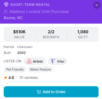 Piper property card showing verified STR homeowner data